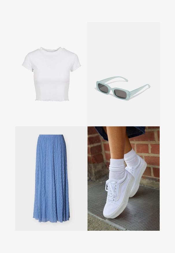T-shirt blanc, coupé, en tissu côtelé. Il présente des manches courtes avec des bords effilochés et un col rond avec un détail froncé.; Jupe longue plissée bleu clair avec des rayures verticales en dentelle texturée et une taille élastique.; Baskets en toile blanches avec semelles en caoutchouc, dotées de six œillets, d'un bout rond et de détails de couture légers, portées avec des chaussettes blanches mi-mollet.; Une paire de lunettes de soleil rectangulaires avec des montures translucides bleu clair et des verres gris foncé, présentant des branches droites et des détails matériels minimaux.