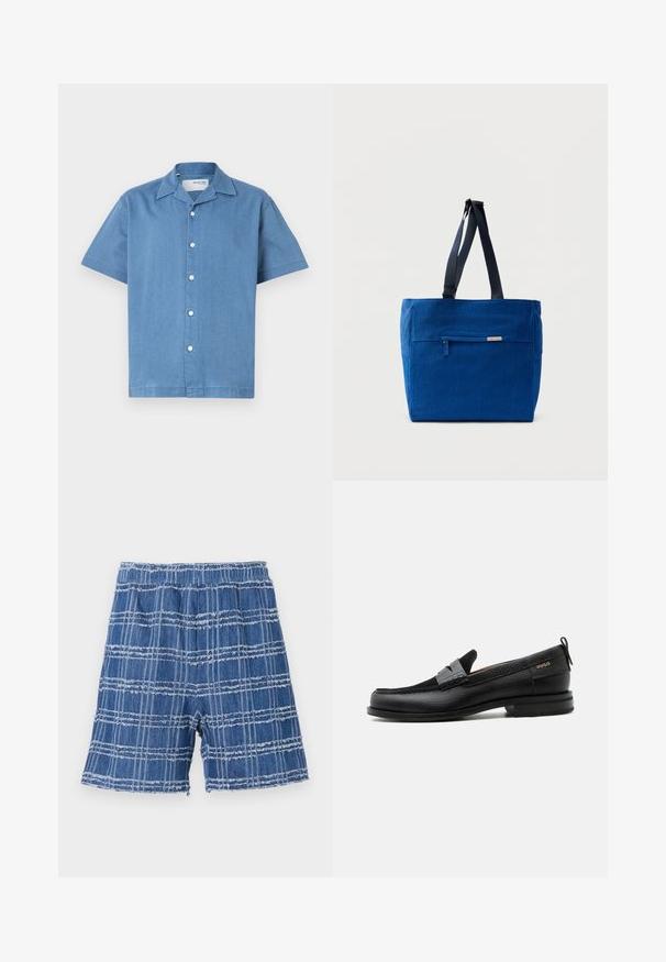 Helles blaues Kurzarmhemd aus einem weichen, strukturierten Stoff mit einem Kragen und fünf weißen Knöpfen auf der Vorderseite.; Denim-Shorts mit fransigem Saum, die ein blaues Karomuster aufweisen. Elastischer Bund, gerader Schnitt und weiche Textur.; Schwarzer Lederloafer mit grauem Riemendetail, niedrigem Absatz und strukturierter Sohle, seitlich mit „HUGO“ in Gold gebrandmarkt.; Blaue Canvas-Einkaufstasche mit einer vorderen Reißverschlusstasche, doppelten Schulterriemen und rechteckiger Form. Verfügt über ein dezentes Markenlabel.