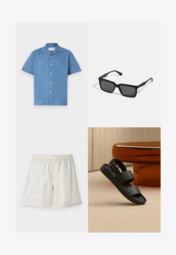 Lichtblauwe short-sleeve shirt van een zachte, gestructureerde stof met een kraaghals en vijf witte knopen aan de voorkant.; Licht beige linnen shorts met een elastische tailleband, met een relaxed fit en minimale naden voor een eenvoudig, casual ontwerp.; Zwarte sandaal met dubbele bandjes en een gesp op een beige tapijt, naast een ronde amberkleurige tafel in een neutrale kamer.; Zwarte zonnebril met rechthoekige lenzen, matte afwerking, dikke montuur en slanke veren met subtiele merkaanduiding.