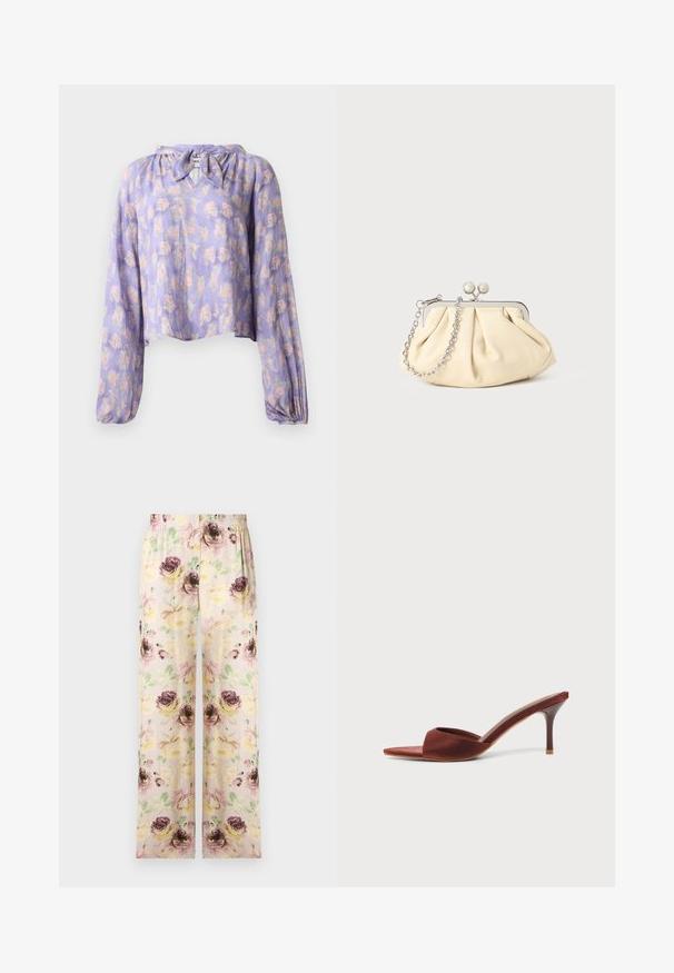 Blouse florale en tissu violet clair avec de longues manches bouffantes et un col noué. Présente un motif délicat de fleurs roses et vertes.; Pantalon ample avec taille élastique et motif floral pastel comprenant des nuances de rose, jaune et vert sur un fond clair.; Sandale à talon haut marron, ouverte à l'avant, à enfiler, avec un talon stiletto fin et un devant pointu.; Pochette en cuir beige plissé avec un cadre en métal argenté, dotée de deux fermoirs ronds décoratifs et d'une chaîne en argent.