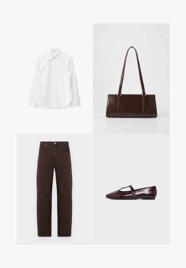 Chemise blanche à manches longues avec boutons, col pointu et poignets, présentée à plat sur un fond blanc.; Jeans marron taille haute avec imprimé zèbre foncé, cinq poches, fermeture à bouton et coupe droite, sur fond blanc.; Chaussure plate en cuir bordeaux foncé avec un bout pointu et une fine bride en T avec une boucle argentée sur fond blanc.; Sac à main en cuir verni marron de forme rectangulaire, avec deux longues poignées et des accents courbés subtils à l'avant.
