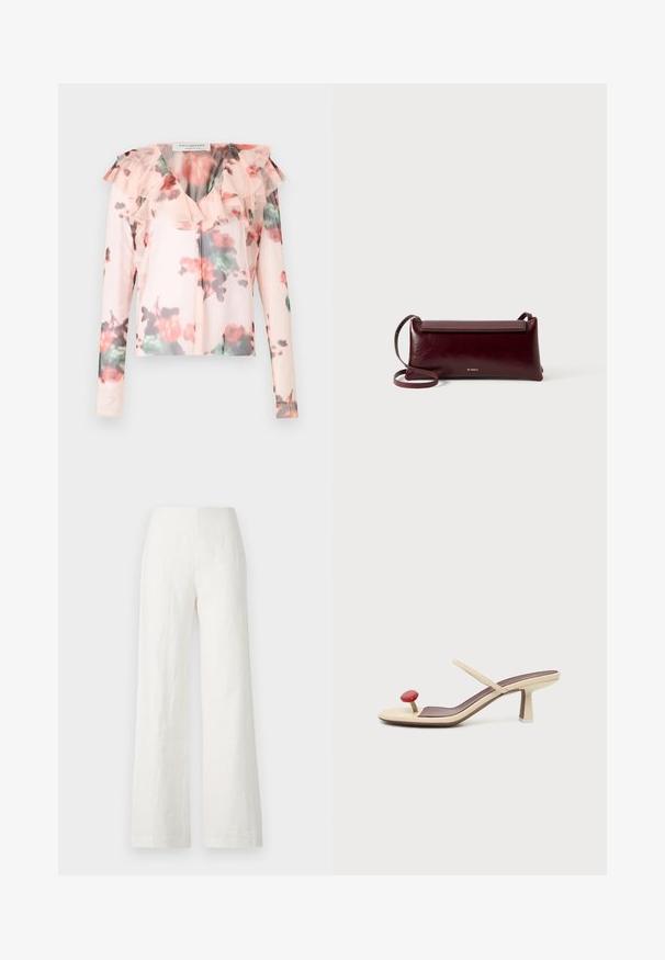 Blomster langærmet blouse i lys pink med flæsedetalje ved halsen. Har et akvarel-blomster mønster med røde og grønne nuancer. Halv-gennemsigtigt stof.; Hvide linned bredbenede bukser med en glat tekstur og et højt taljemønster. Har en enkel og ren silhuet uden udsmykninger.; Beige sandale med høj hæl og tynd rem samt rød rundet tådekoration på lys baggrund.; Bordeaux læder crossbody taske med en glat tekstur, rektangulær form, flaplukning og en tynd justerbar rem. Guldlogo detalje synlig.