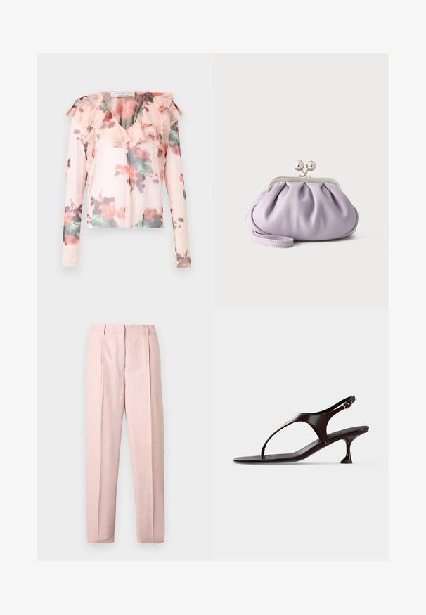 Blouse à manches longues à motif floral en rose clair avec un col rufflé. Présente un motif floral aquarelle avec des accents rouges et verts. Tissu semi-transparent.; Pantalon rose clair sur mesure avec plis devant, passants pour ceinture et coupe droite, sur un fond blanc uni.; Sandale slingback en cuir verni marron foncé avec petit talon et bride entre les orteils sur fond blanc.; Pochette lavande douce avec tissu froncé, fermoir kiss-lock argenté et bracelet assorti sur un fond clair uni.