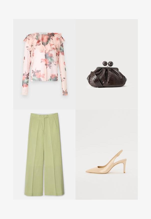 Blomster langærmet blouse i lys pink med flæsedetalje ved halsen. Har et akvarel-blomster mønster med røde og grønne nuancer. Halv-gennemsigtigt stof.; Lys grønne brede bukser i glat stof, med frontfolder, to sidelommer og lige snit.; Nude patenteret læder slingback hæl med spidse tæer, åben vamp og en tynd stiletto hæl. Har et cirkulært guldfarvet element på remmen.; Brun pung i krokodillepræget læder med et samlet design, der har en metal-låseramme med kiss-lock og to runde træknapper til lukning.