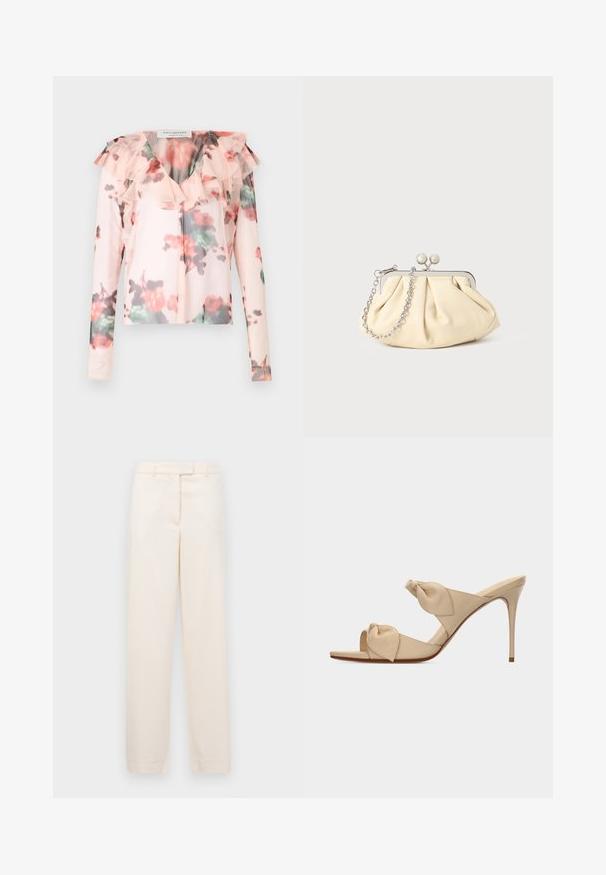 Blouse à manches longues à motif floral en rose clair avec un col rufflé. Présente un motif floral aquarelle avec des accents rouges et verts. Tissu semi-transparent.; Pantalon beige à jambe droite, fabriqué dans un tissu lisse. Doté d'une taille avec passants de ceinture et d'une fermeture éclair à l'avant.; Mule beige à talon haut ouvert à l'avant avec deux brides nouées torsadées et un talon aiguille fin sur fond blanc.; Pochette en cuir beige plissé avec un cadre en métal argenté, dotée de deux fermoirs ronds décoratifs et d'une chaîne en argent.