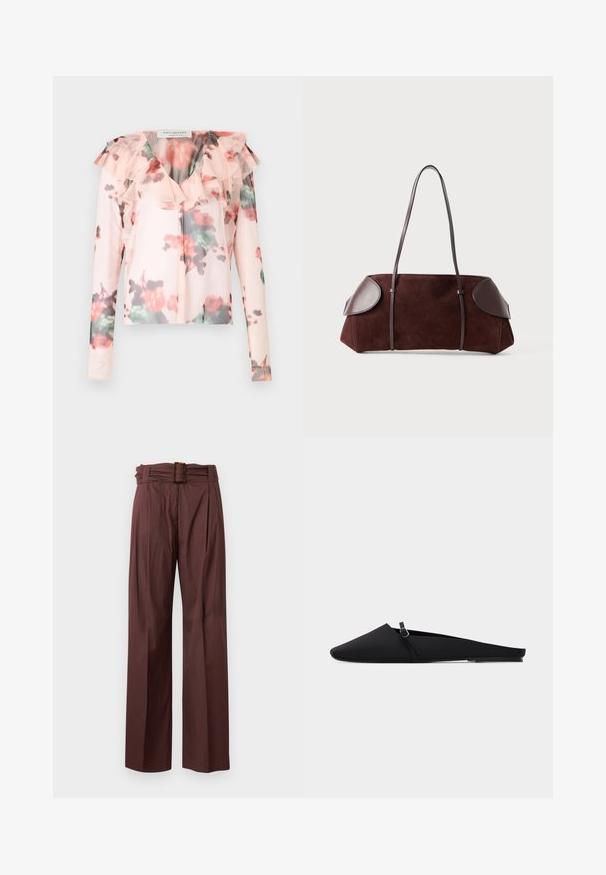 Blomster langærmet blouse i lys pink med flæsedetalje ved halsen. Har et akvarel-blomster mønster med røde og grønne nuancer. Halv-gennemsigtigt stof.; Brune bukser med høj talje, vide ben, plisseret front og et matchende bælte med en rektangulær spænde i skildpaddeskal.; Sort flad sandal med spids tå, tynd rem og sølvspænde, glat materiale og lav hæl mod hvid baggrund.; Brun ruskinds taske med læderdetaljer, struktureret form, dobbelte skulderstropper og afrundede kanter, som har en glat tekstur og minimal hardware.