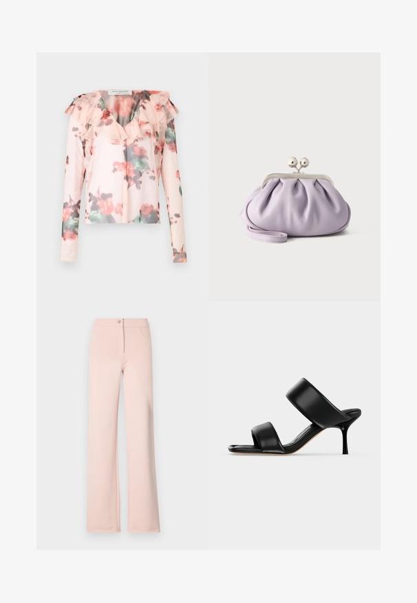 Blomster langærmet blouse i lys pink med flæsedetalje ved halsen. Har et akvarel-blomster mønster med røde og grønne nuancer. Halv-gennemsigtigt stof.; Lyserøde bukser med bred benvidde lavet af blød stof. Har en frontknaplukning, to sidelommer og en glat tekstur.; Sort læder mule sandal med to brede remme og en slank mellemhøj stiletthæl på en ensartet lys baggrund.; Blød lavendel clutch med opsamlet stof, sølv kiss-lock lås og matchende håndledsrem på en ensfarvet lys baggrund.