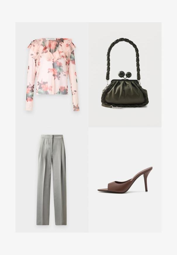 Blomster langærmet blouse i lys pink med flæsedetalje ved halsen. Har et akvarel-blomster mønster med røde og grønne nuancer. Halv-gennemsigtigt stof.; Lysegrå skræddersyede bukser med en glat tekstur, der har plisseringer foran, en bred benlængde og en tætsiddende talje.; Brune læder open-toe højhælede mules med et slankt design, der har en bred frontrem og en slank stiletto-hæl.; Olivengrøn læderhåndtaske med flettet håndtag og sølvhardware, med en samlet design og runde låsedetaljer på toppen.
