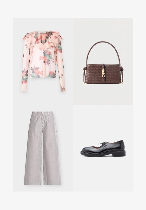 Blomster langærmet blouse i lys pink med flæsedetalje ved halsen. Har et akvarel-blomster mønster med røde og grønne nuancer. Halv-gennemsigtigt stof.; Bukser med vide ben og lodrette, tynde sorte og hvide striber, elastisk linning og sidelommer på en lysegrå baggrund.; Sorte ballerinaer i læder med rundet tå, snøre-detalje og en tyk sort sål. Glat tekstur med få detaljer.; Mørkebrun flettet læderhåndtaske med et buet håndtag, detaljer i guldkæde i midten og knuder ved håndtagets ender mod en lys baggrund.