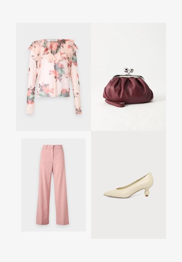 Blouse à manches longues à motif floral en rose clair avec un col rufflé. Présente un motif floral aquarelle avec des accents rouges et verts. Tissu semi-transparent.; Pantalon rose à taille haute et jambes larges, avec passants pour ceinture et fermeture frontale dissimulée, présenté sur un fond uni.; Chaussure femme couleur crème à bout pointu avec un petit talon rond en forme de boule, sur fond uni.; Petit sac pochette en cuir bordeaux avec fermoir métallique argenté et bracelet sur fond blanc.