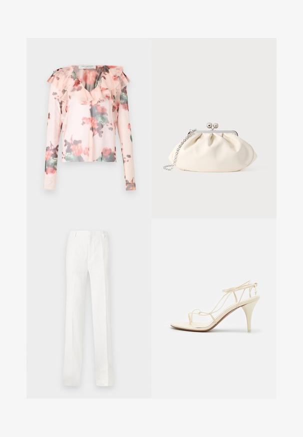 Blomster langærmet blouse i lys pink med flæsedetalje ved halsen. Har et akvarel-blomster mønster med røde og grønne nuancer. Halv-gennemsigtigt stof.; Hvide, lige bukser lavet af et letvægtsstof. Har en flad front, bælteløkker og ingen synlige mønstre eller dekorationer.; NEOUS GIENA - Højhælede sandaletter / Højhælede sandaler - cream; Cremefarvet stofclutch med et rynket design, sølv metalramme, to dekorative kugler og en sølvkæde som rem.