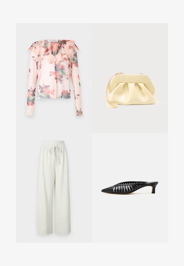 Blomster langærmet blouse i lys pink med flæsedetalje ved halsen. Har et akvarel-blomster mønster med røde og grønne nuancer. Halv-gennemsigtigt stof.; Hvide højtaljede bukser med brede ben, elastisk talje og snøre, lavet af let stof.; Sort læder mule med spids snude, stropdetalje og lav kittenhælk på hvid baggrund.; Clutch-taske i cremefarvet læder med en struktureret topramme og håndledsrem, vist mod en enkel lys baggrund.