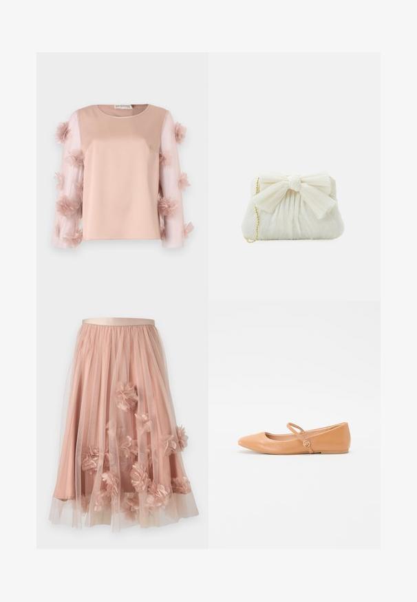 Haut rose clair avec un corps en satin uni. Les manches transparentes présentent des fleurs en tissu éparpillées, ajoutant de la texture et des détails. Encolure arrondie.; Jupe en tulle rose pâle avec une ceinture en satin. Comprend plusieurs couches de tissu transparent et des appliqués floraux en trois dimensions sur toute la surface.; Ballerines en cuir nues avec un bout pointu, une sangle extérieure et un détail en métal rond. Texture lisse et design minimaliste.; Sac à main plissé blanc avec un nœud proéminent et une chaîne dorée. Texture douce avec un design froncé à l'avant.