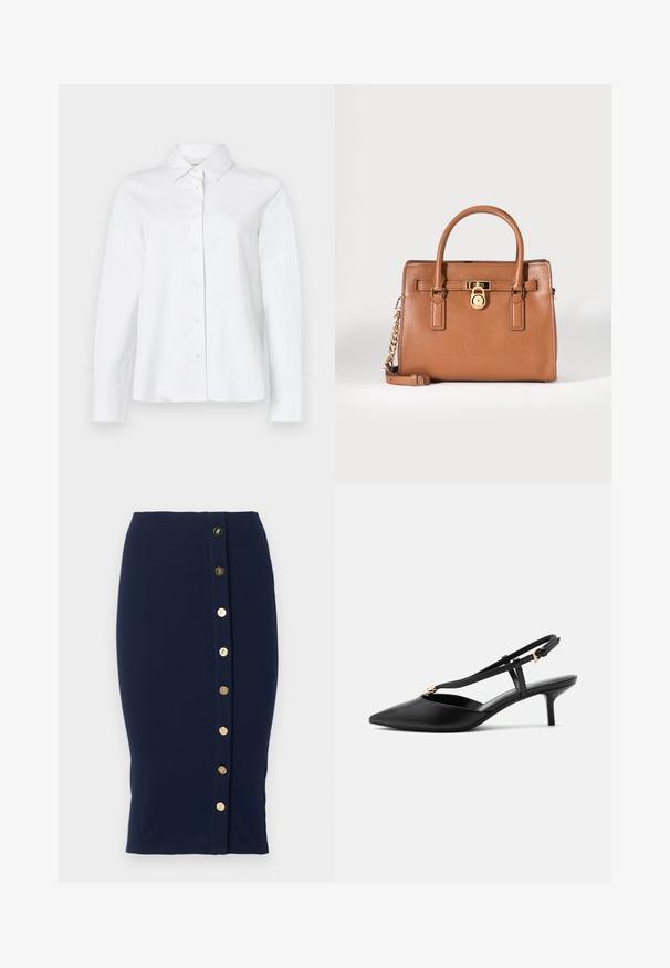 CLOSED CLASSIC SHIRT WITH STRAP DETAIL - Chemisier - white; Jupe crayon bleu marine longueur genoux avec une rangée verticale de huit boutons dorés sur le côté avant droit.; Escarpin slingback en cuir noir à petit talon kitten, bout pointu, fine bride en T, boucle réglable et petite décoration dorée sur la bride.; Sac à main en cuir marron texturé avec doubles poignées, détail cadenas doré et bandoulière amovible avec chaîne sur fond blanc.