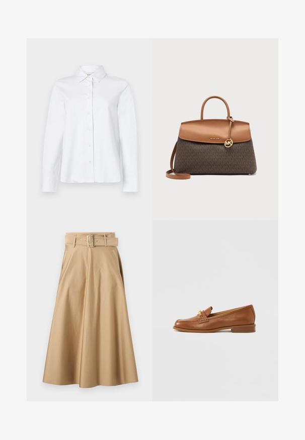 CLOSED CLASSIC SHIRT WITH STRAP DETAIL - Paitapusero - white; Beige puuvillahame, jossa on vyötärölle solmittava vyö, liehuva siluetti ja sivutaskut. Varustettu kullanvärisellä soljella ja tikkauksilla.; Ruskeat nahkaiset loaferit pyöreällä kärjellä, koristeellisella remmillä ja pienellä korolla. Sileä pintakuvio, hienovaraiset ompelusdetaljit ja kullanväriset metalliosat.; Ruskea Michael Kors -käsilaukku, jossa monogrammi-kuvio, ruskean sävyinen nahkaläppä, yläkahva, olkahihna ja kultainen MK-logokoru.