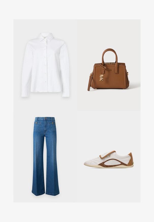 CLOSED CLASSIC SHIRT WITH STRAP DETAIL - Blusa - white; Vaqueros azules de cintura alta y pernera ancha con bolsillos delanteros de parche y botones decorativos sobre un fondo liso.; Zapatilla de perfil bajo blanca y marrón con cierre de velcro, detalle perforado en el lateral y emblema de logo en el costado y el talón.; Bolso marrón de piel Michael Kors con doble asa, charm con el logo dorado de MK y cierre superior con cremallera sobre un fondo blanco liso.