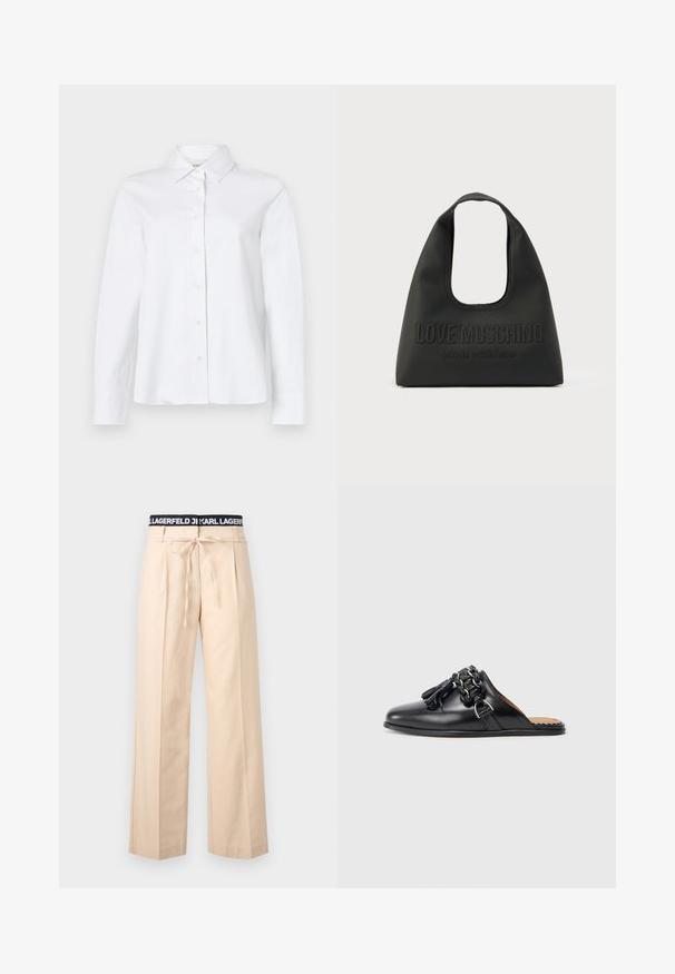 CLOSED CLASSIC SHIRT WITH STRAP DETAIL - Skjortebluser - white; Beige bukser med brede ben, plisseringer, snøre i taljen og sort elastik i taljen med hvidt "KARL LAGERFELD" tekst.; Sorte læder slip-on sko med rund tå, der har en fletket kædeaccent og frynser. Glat tekstur og flad sål.; Sort håndtaske lavet af glat materiale med et rundt udskåret håndtag, præget "LOVE MOSCHINO"-logo og teksten "Made with love."