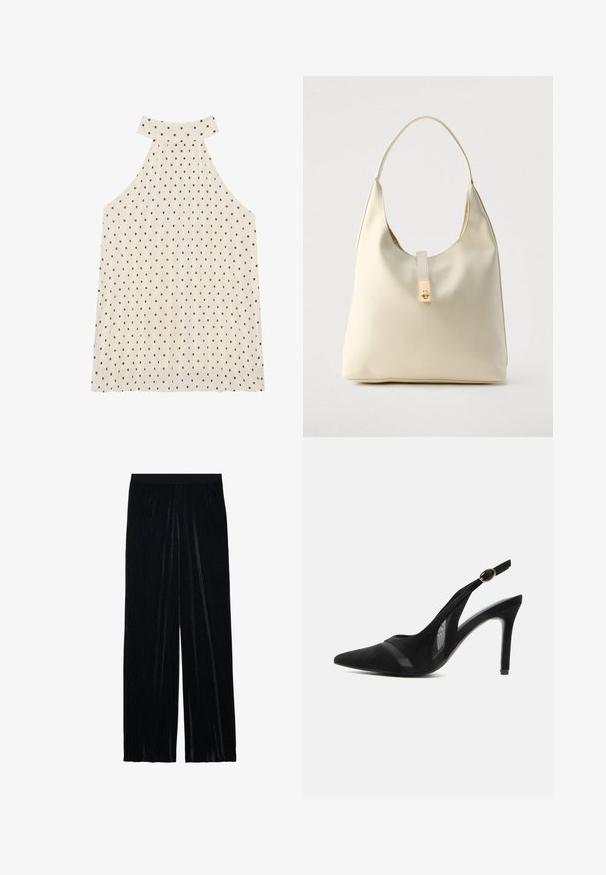 Top à halter sans manches en crème avec des pois marron, présentant un col haut et un tissu plissé pour une texture supplémentaire.; Pantalon noir à jambes larges avec une texture lisse et côtelée, taille élastique, présentant une coupe fluide pour le confort et la liberté de mouvement.; Escarpin slingback en daim noir à bout pointu avec des accents en mesh, un talon haut fin et une bride à boucle dorée sur fond uni.; Sac hobo en cuir couleur crème avec une seule bandoulière, texture lisse et un détail de fermoir doré à l'avant.