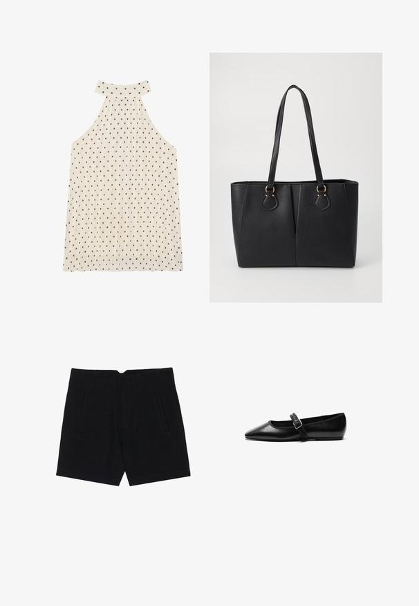Top à halter sans manches en crème avec des pois marron, présentant un col haut et un tissu plissé pour une texture supplémentaire.; Shorts noirs en tissu lisse, avec des poches latérales, une coupe ajustée et des plis structurés à l'avant pour une silhouette épurée.; Chaussure noire plate en cuir avec un bout pointu, bride réglable avec une boucle en métal, texture lisse et design minimaliste.; Sac fourre-tout noir en simili cuir avec une finition texturée, deux longues poignées et des accents en métal doré sur le côté. Shape rectangulaire.