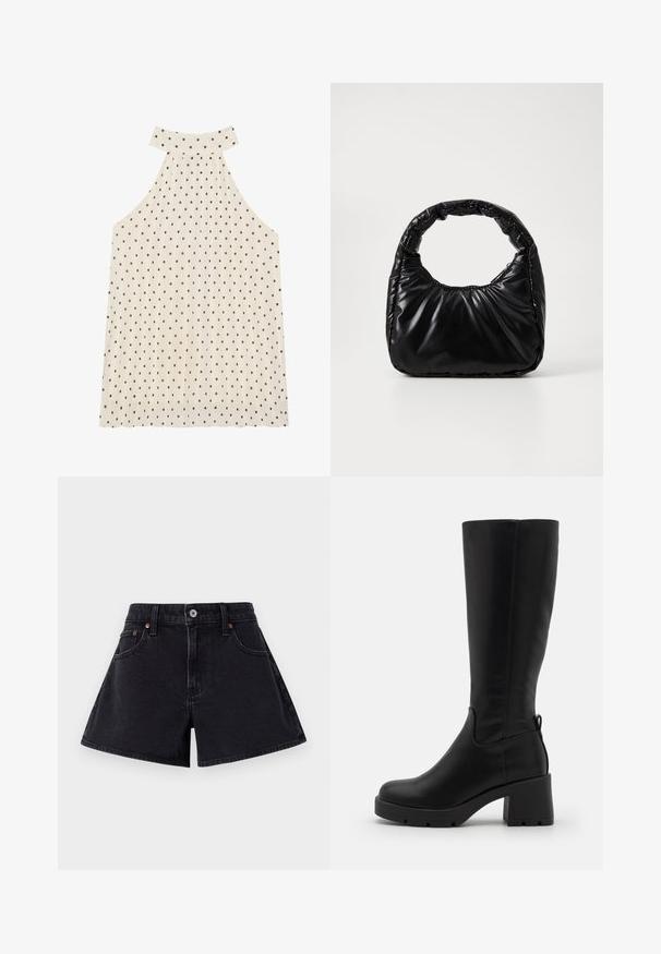 Ærmeløs halterneck top i creme med brune prikker, der har en høj halsudskæring og plisseret stof for ekstra tekstur.; Sorte denimshorts med høj talje, der har en frontknaplukning, fem lomme-design og en let flared form.; Even&Odd Plateaustøvler - black; Sort polstret håndtaske med et rundt håndtag, der har en glat, skinnende overflade og en blød, kviltet tekstur. Ingen synlige hardware eller accenter.