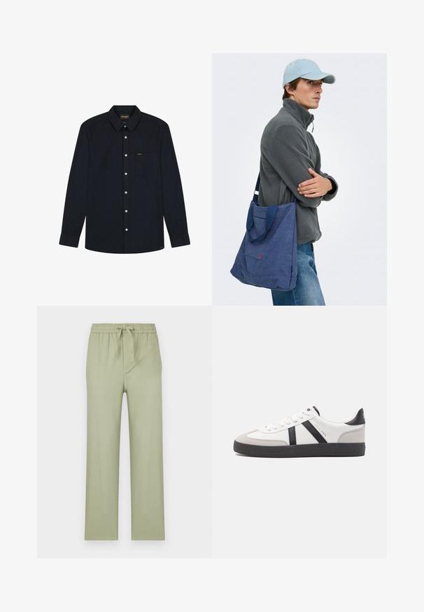 Chemise noire à manches longues avec col, poche avant, boutons blancs, et logo Wrangler sur la poche ainsi que sur l'étiquette du col.; Pantalons en vert olive clair, fabriqués en tissu doux. Dotés d'une taille élastique avec cordon de serrage et de jambes droites à coupe ample.; Baskets blanches avec des accents noirs et gris, présentant un embout texturé gris, une semelle en caoutchouc noir et des lacets plats blancs. Design épuré, style minimaliste.; Homme avec casquette bleue et veste polaire grise, porte un grand sac bleu à l'épaule, regardant vers la droite les bras croisés.
