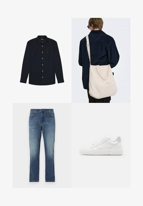 Chemise noire à manches longues avec col, poche avant, boutons blancs, et logo Wrangler sur la poche ainsi que sur l'étiquette du col.; Jeans en denim de couleur bleu moyen avec une coupe droite, cinq poches et une fermeture classique à bouton et zip. Détails décolorés sur les cuisses.; Des baskets en cuir blanc avec une finition lisse, un bout rond, des lacets plats et une semelle texturée. Accents en daim gris au niveau du talon.; Personne aux cheveux courts portant une chemise à carreaux foncée et des lunettes de soleil porte un grand sac fourre-tout en toile écrue avec bandoulière et poche avant.