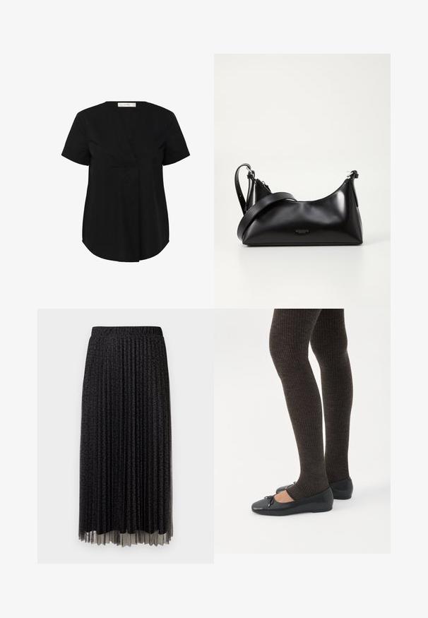 Haut noir à manches courtes avec un ourlet légèrement arrondi, présentant un décolleté en V et un pli avant caché. Fabriqué en tissu lisse et léger.; Jupe midi plissée noire avec un léger motif léopard, taille élastique et texture transparente à l'ourlet.; Jambes portant des leggings côtelés foncés associés à des ballerines noires avec de petits détails en nœud sur fond blanc.; Sac à main en cuir noir avec une texture lisse. Dispose d'une bandoulière adjustable et d'un design élégant et minimaliste avec une fermeture éclair.
