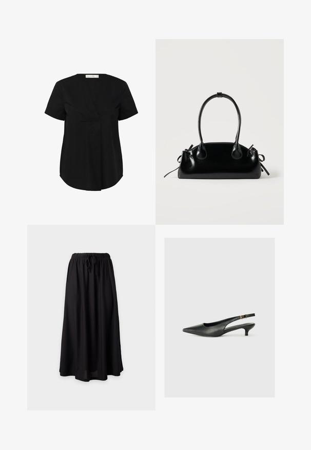 Haut noir à manches courtes avec un ourlet légèrement arrondi, présentant un décolleté en V et un pli avant caché. Fabriqué en tissu lisse et léger.; Jupe longue noire avec taille élastique et cordon de serrage, coupe ample, présentée à plat sur un fond clair.; Chaussure slingback noire à bout pointu en cuir lisse. Présente un talon fin et un détail de boucle sur la sangle réglable.; Petit sac à main noir brillant avec deux longues anses et des détails à cordon sur les côtés sur un fond clair uni.