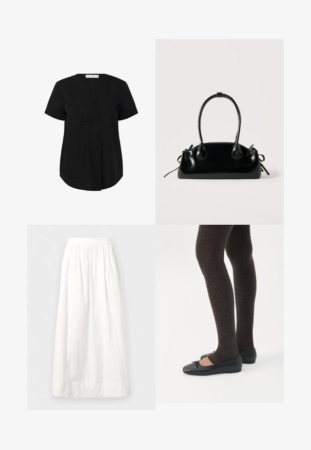 Haut noir à manches courtes avec un ourlet légèrement arrondi, présentant un décolleté en V et un pli avant caché. Fabriqué en tissu lisse et léger.; Jupe blanche longueur cheville avec taille élastique froncée et tissu léger et fluide.; Jambes portant des leggings côtelés foncés associés à des ballerines noires avec de petits détails en nœud sur fond blanc.; Petit sac à main noir brillant avec deux longues anses et des détails à cordon sur les côtés sur un fond clair uni.