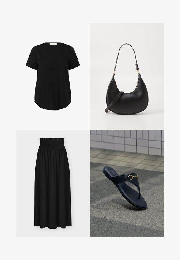 Top negro de manga corta con un dobladillo ligeramente curvado, que presenta un escote en V y un pliegue frontal oculto. Fabricado con una tela suave y ligera.; Falda maxi negra con cintura elástica fruncida ancha y tela fluida debajo de la cintura.; Sandalia negra de cuero con tira en forma de tanga y detalle de estribo dorado, sobre suelo de asfalto y fondo de pared con azulejos.; Bolso de mano de cuero negro con forma curva, que cuenta con un cierre superior con cremallera, un asa corta y una correa para el hombro desmontable. Accesorios en dorado.