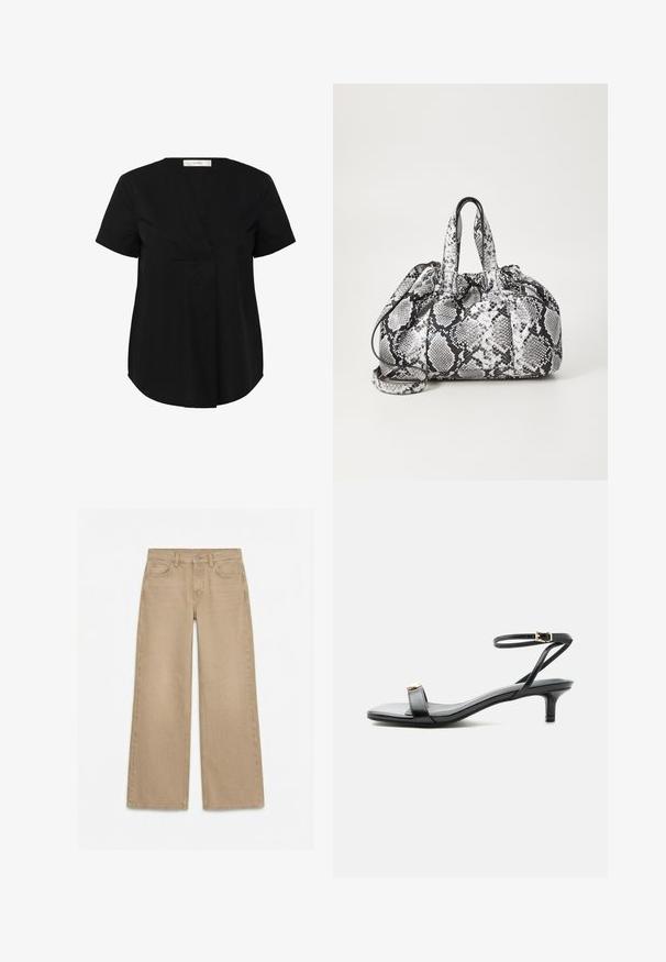 Sort kortærmet top med en let buet kant, der har en v-udskæring og skjult frontplissé. Fremstillet af et glat, letvægtigt stof.; Beige straight-legged denimjeans med frontknap, lynlås, for- og baglommer samt bæltestropper på hvid baggrund.; Sort læder sandal med åben tå, lav lillehæl, tynd ankelrem med guldlås og dekorativt gyldent accent på frontremmen.; Håndtaske med sort og hvid slidmønster, to håndtag, snøre lukning og aftagelig skulderrem. Glat tekstur.