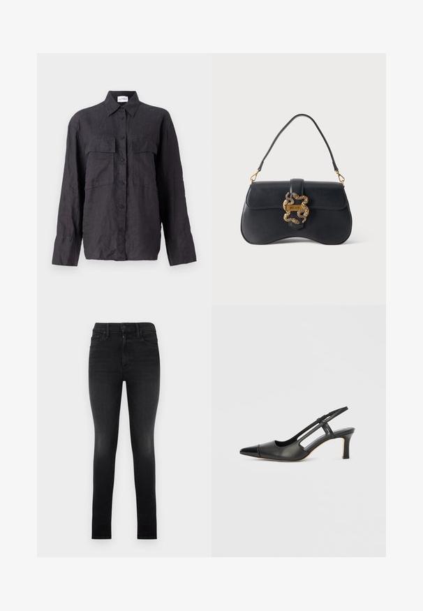 Zwarte linnen shirt met een knoopsluiting aan de voorkant, twee borstzakken, lange mouwen en een klassieke kraag. Gestructureerde stof met een ontspannen pasvorm.; Zwarte hoge taille skinny jeans met lichte vervaging op de dijen, vijf-pocket ontwerp, knoop- en ritssluiting, plat gelegd op een witte achtergrond.; Zwarte leren slingback schoen met een puntige neus, voorzien van een glanzend detail op de neuskap en een hak van gemiddelde hoogte. Open zijkant ontwerp.; Zwarte leren handtas met een gebogen vorm, een enkele handgreep en een gouden slangenvormige gesp met label "Just Cavalli" op een effen achtergrond.