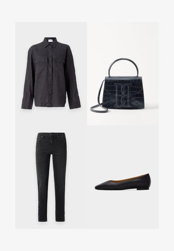 Zwarte linnen shirt met een knoopsluiting aan de voorkant, twee borstzakken, lange mouwen en een klassieke kraag. Gestructureerde stof met een ontspannen pasvorm.; Zwarte slim-fit jeans met een voorste knoop, riemlussen en subtiele vervagingdetails langs de zijkanten en de voorkant van de bovenbenen.; Zwarte leren puntschoen met lage hak en gladde afwerking, zijaanzicht op een lichtgrijze achtergrond.; Zwarte handtas van krokodillleer met een gestructureerd ontwerp, bovenhandvat, verstelbare schouderband en een opvallend voorlogo.