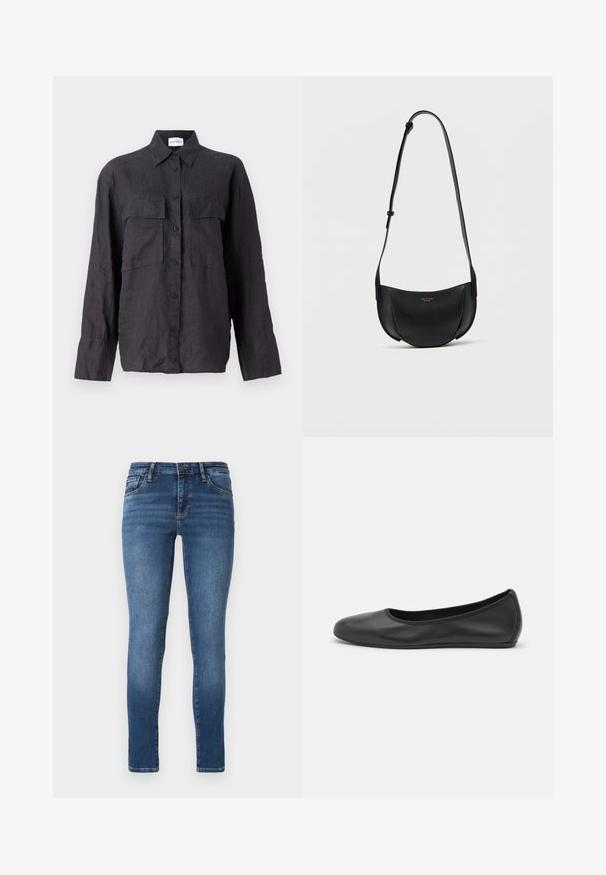 Sort linned skjorte med knaplukning foran, to brystlommer, lange ærmer og klassisk krave. Teksturområde med løstsiddende pasform.; Tætsiddende jeans i mørkeblå denim med fem lommer, knaplukning og lyse falmede detaljer foran og bagpå for ekstra struktur.; Sort læderballetsko med rund tå, glat tekstur, minimal syning og et fleksibelt såldesign.; Sort læder crossbody-taske i halvmåneform med justerbar rem og lille guldlogo foran i midten.