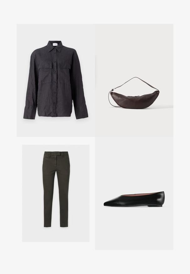 Must mustri särk nööpidega esiosal, kahe rinna taskuga, pikad varrukad ja klassikaline krae. Tekstuuriga kangas ja lõdva istuvusega.; Slim-fit tumerohelised kitsenevad püksid koos vööaasade ja küljetaskutega, kujutatud tavalise valge taustal.; Mustast nahast naiste madala kontsaga ja terava ninaga king, külgvaates hästi nähtav helehallil ühtlasel taustal.; Tumepruun nahast poolkuu-kujuline õlakott kõverate rihmade ja nähtavate õmblustega ühevärvilisel taustal.