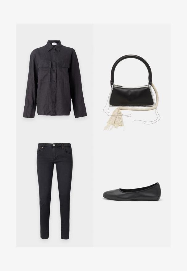 Sort linned skjorte med knaplukning foran, to brystlommer, lange ærmer og klassisk krave. Teksturområde med løstsiddende pasform.; AG Jeans Jeans Skinny Fit - anthracite black; Sort læderballetsko med rund tå, glat tekstur, minimal syning og et fleksibelt såldesign.; Sort lædertaske med et afrundet håndtag, sølv lynlås, hvid pelskant og en lang cremet kvast hæftet på forsiden.