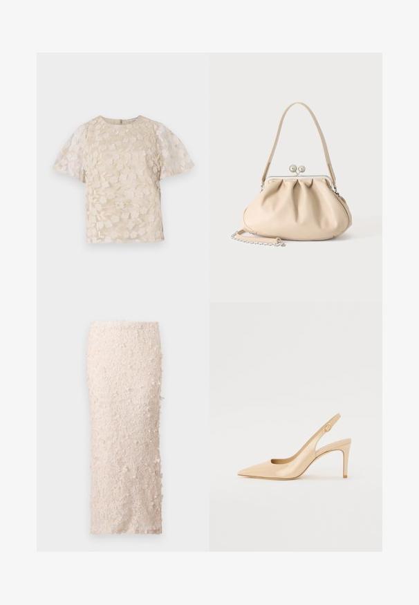 Blouse beige avec broderie florale, manches bouffantes transparentes, encolure ronde et fermeture éclair au dos. Motif floral texturé sur le panneau avant.; Jupe crayon crème en dentelle avec des appliqués floraux. Le design est ajusté, présentant une texture lisse et des embellissements détaillés.; Escarpin slingback en cuir verni nude avec un bout pointu, un décolleté ouvert et un talon aiguille fin. Comprend un accent doré circulaire sur la sangle.; Sac à main en cuir souple beige avec un fermoir en métal argenté, une bandoulière simple et une bandoulière chaîne optionnelle sur fond blanc.
