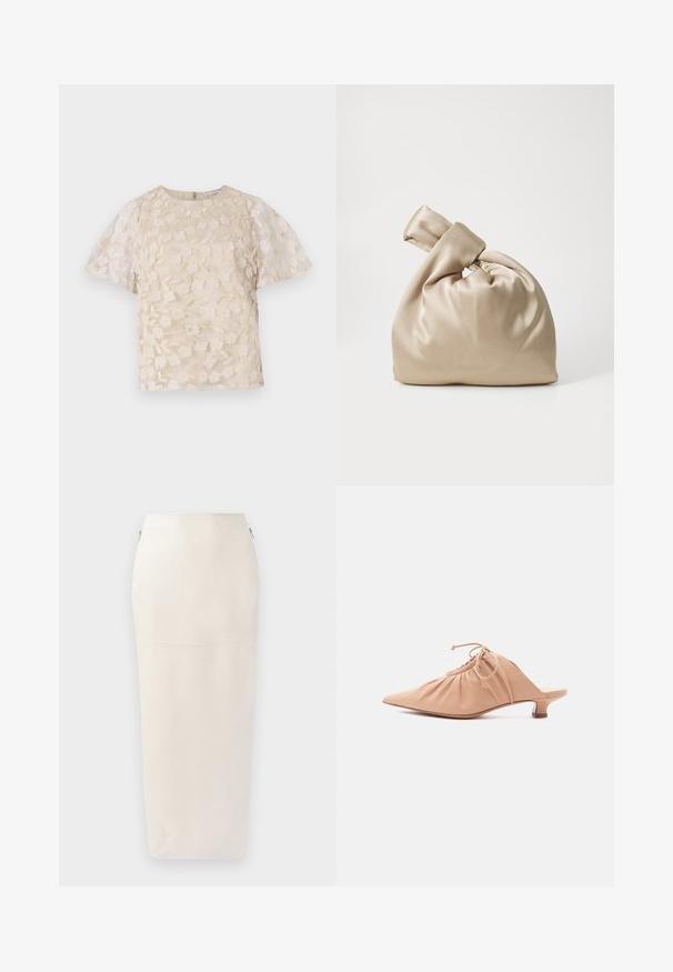 Blouse beige avec broderie florale, manches bouffantes transparentes, encolure ronde et fermeture éclair au dos. Motif floral texturé sur le panneau avant.; Jupe midi crème à la silhouette ajustée, confectionnée en tissu lisse, dotée d'une fermeture éclair cachée sur le côté et de détails de couture minimalistes.; Mule pour femme en cuir beige avec bout pointu, dessus froncé, lien de serrage et petit talon kitten, sur fond blanc.; Sac en satin beige avec un haut noué, présentant une texture douce et lisse ainsi qu'une forme arrondie, conçu pour être simple et élégant.