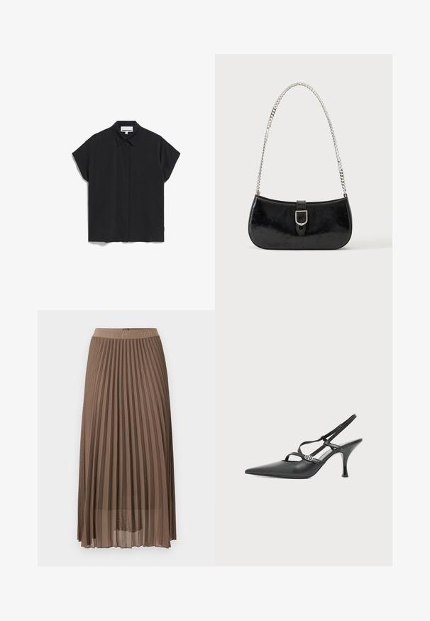Zwarte korte mouwen shirt met een kraag, met een schoon, minimalistischer ontwerp en een gladde stoftextuur, knoopsluiting aan de voorkant en geen zichtbare patronen.; Bruine midi-rok met plooien en een elastische tailleband met subtiele merknaam.; Zwarte leren hoge hakken slingback schoen met puntige neus, dunne bandjes en een kleine zilveren gesp op een effen witte achtergrond.; Zwarte lakleren schoudertas met een zilveren gespdetail en een zilveren kettingriem, getoond tegen een effen lichte achtergrond.
