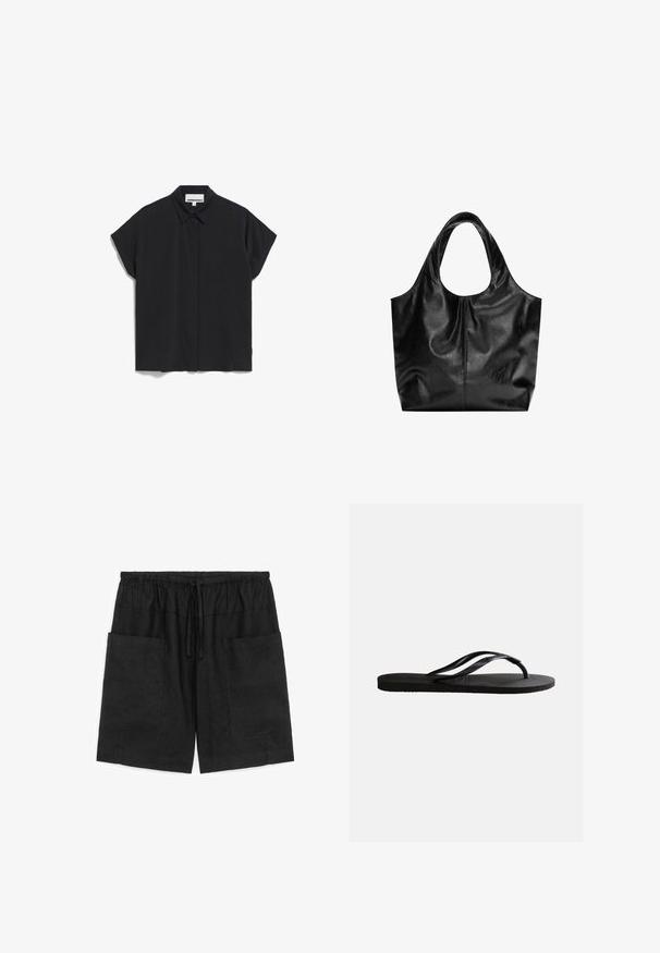 Zwarte korte mouwen shirt met een kraag, met een schoon, minimalistischer ontwerp en een gladde stoftextuur, knoopsluiting aan de voorkant en geen zichtbare patronen.; Zwarte knielange shorts met elastische tailleband, aantrekkoordje en grote voorzakken aan beide zijden.; Zwarte rubberen teenslipper met een gestructureerd voetbed en dunne Y-vormige bandjes op een effen witte achtergrond.; Zwarte leren tote bag met een gladde textuur, een zachte ronde bovenkant en brede handvatten. Kenmerkt zich door minimale stiksels en een slungelige silhouet.