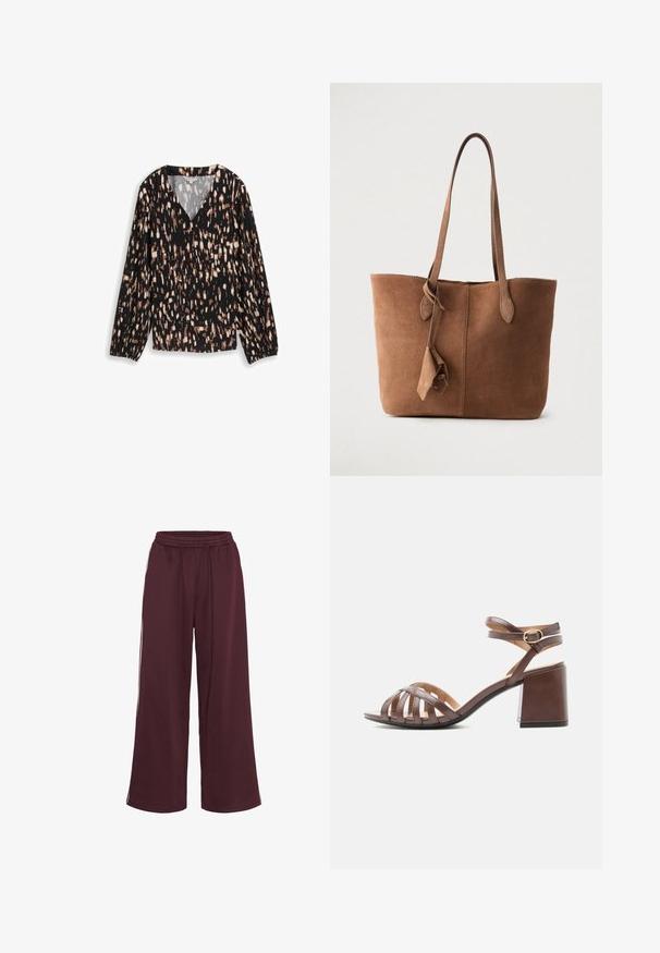 Blouse noire avec un col en V, présentant un motif éclaboussé en marron et crème. Manches longues avec des poignets élastiques et coupe ample.; Pantalon large bordeaux avec ceinture élastique et fines rayures latérales, présenté sur fond blanc.; Sandale en cuir marron pour femme avec plusieurs brides à l'avant, bride à boucle à la cheville et talon bloc sur fond blanc.; Sac fourre-tout en daim marron avec deux bretelles, un design simple et un détail de gland sur le côté. Texture lisse et forme structurée.