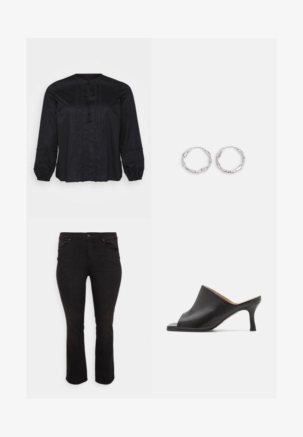 Sort bluse med lange ærmer, der har en rund halsudskæring, dekorativ syning og frynsebånd. Tekstureret detaljer langs ærmerne.; ONLY Carmakoma CARHIRIS PUSH UP - Jeans Skinny Fit - washed black; Selected ASHLEY - Mules med hæl - black; Sølv hoops med en bølget, uregelmæssig tekstur. Har en tynd, cirkulær form og en reflekterende finish.