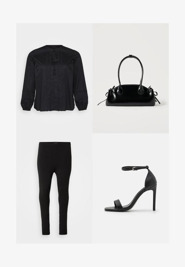 Sort bluse med lange ærmer, der har en rund halsudskæring, dekorativ syning og frynsebånd. Tekstureret detaljer langs ærmerne.; Sorte leggings lavet af strækbart, blødt stof. Slim-fit design med elastisk talje, ingen synlige mønstre eller detaljer. Standard længde.; Sort højhælet sandal med et sleek design, der har en ankelrem, åben tå og glat lædertekstur.; Lille sort blank håndtaske med to lange håndtag og snøre-detaljer i siden på en ensfarvet lys baggrund.