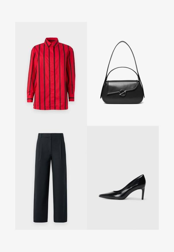 Camisa roja de manga larga con botones, con rayas verticales negras y cuello puntiagudo, mostrada sobre un fondo liso.; Pantalones negros ajustados con un diseño de pierna recta, que cuentan con pliegues delanteros, una textura suave y pasadores para cinturón. Sin bolsillos visibles.; Zapato de tacón alto de cuero negro con punta afilada, textura suave y tacón en forma de cono. Diseño minimalista, sin adornos adicionales.; Bolso de hombro de cuero negro con una solapa curva asegurada por un broche metálico redondo y una correa delgada y ajustable.