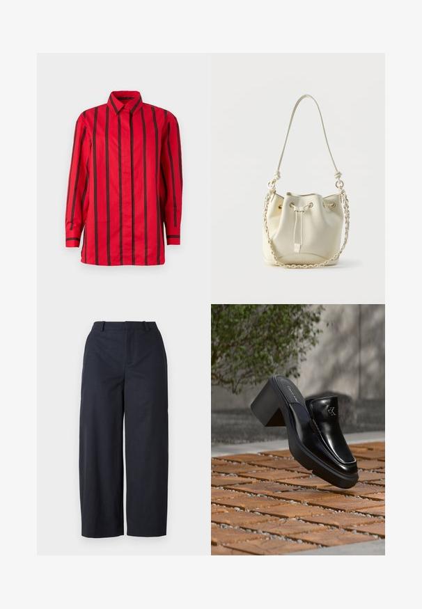 Rode blouse met lange mouwen, knopen, zwarte verticale strepen en een puntige kraag, afgebeeld tegen een effen achtergrond.; Marineblauwe wijde broek met een gladde textuur, een platte voorkant en een tailleband. Gemaakt van lichte stof, met een ontspannen pasvorm.; Zwarte leren Calvin Klein slip-on mule met blokhak rustend op houten tegels buiten, vlak bij een groene plant en een grijze muur.; Crèmekleurige leren buideltas met trekkoordsluiting, gevlochten ketting- en leren schouderriem, en goudkleurige oogringen.