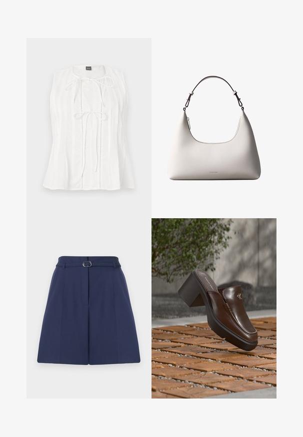 Blouse blanche sans manches avec des plis verticaux et deux liens à l'avant sous l'encolure ronde, étiquetée BOSS au col.; Shorts ajustés bleu marine avec une ceinture, dotés d'une passante de ceinture, de détails plissés et d'une texture de tissu lisse. Coupe droite standard.; Mule à talon en cuir marron Calvin Klein flottant au-dessus d'un sol en carrelage en bois avec en arrière-plan une plante verte et un mur flous.; Sac à bandoulière en cuir couleur crème de Calvin Klein avec bord supérieur incurvé, fermeture éclair argentée et sangle ajustable brun foncé.