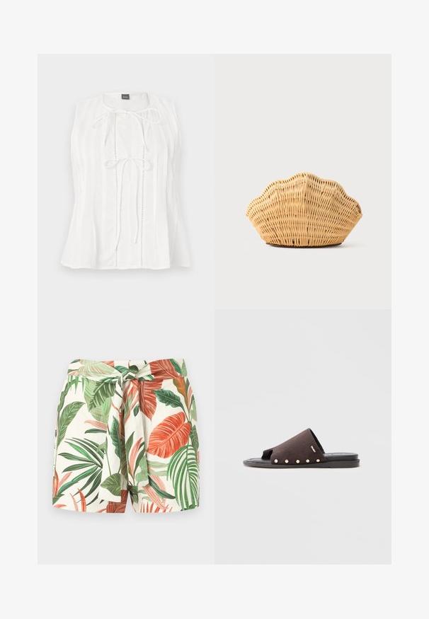 Blouse blanche sans manches avec des plis verticaux et deux liens à l'avant sous l'encolure ronde, étiquetée BOSS au col.; Shorts taille haute avec une ceinture nouée, présentant un motif coloré de feuilles tropicales en vert et orange sur un fond blanc.; Sandale mule en daim noir avec bout ouvert, ornée de clous dorés le long du bord extérieur, et semelle plate en caoutchouc.; Sac à main en rotin tissé en forme de coquille Saint-Jacques de couleur brun clair naturel avec des bords arrondis et texturés.