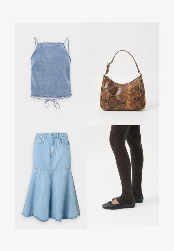Crop top de mezclilla azul claro con tirantes finos, un ajuste relajado y un dobladillo con cordón. Presenta costuras en contraste a lo largo de los bordes.; Falda de mezclilla azul claro con un fondo acampanado, que presenta una cintura ajustada, bolsillos y detalles de costura sutiles.; Piernas con leggings oscuros acanalados combinados con bailarinas negras que presentan pequeños detalles de lazo sobre un fondo blanco.; Pequeño bolso de mano con un patrón de piel de serpiente marrón y negro, correa corta ajustable y cierre de cremallera.