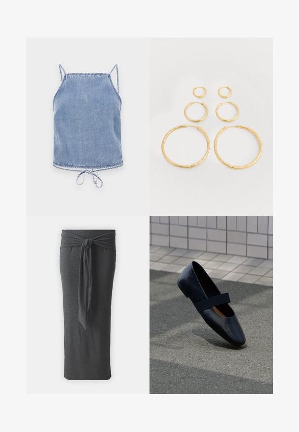 Un crop top en denim bleu clair avec des bretelles fines, une coupe décontractée et un ourlet à cordon de serrage. Présente des coutures contrastées le long des bords.; Jupe longue gris foncé en tissu doux et extensible. Présente une taille nouée et un design élégant et ajusté.; Chaussure plate en cuir noir avec un bout arrondi, dotée d'une douce sangle élastique noire sur le cou-de-pied. Texture lisse et design minimaliste.; Boucles d'oreilles en or de différentes tailles, présentant une texture lisse et polie ainsi qu'une forme arrondie, avec un design de fermoir sécurisé.