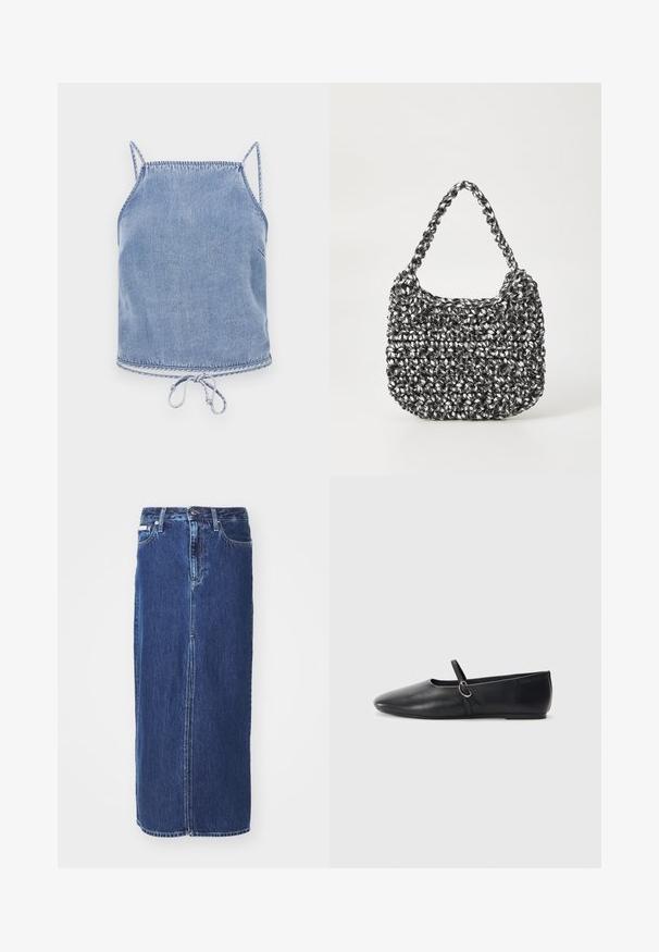 Lichtblauw denim crop top met dunne bandjes, een relaxte pasvorm en een trekkoord onderaan. Heeft contrasterende stiksels langs de randen.; Donkerblauwe denim rok tot op de knie, met een vooruitsnijding, traditionele tailleband en vijf zakken met contrasterende stiksels.; Zwarte leren balletschoenen met een spitse neus, platte zool en een kleine strap met een zilveren gespsluiting.; Geweven handtas in zwart en wit met een ronde vorm, gestructureerd oppervlak en een gevlochten handvat. Geschikt voor dagelijks gebruik.